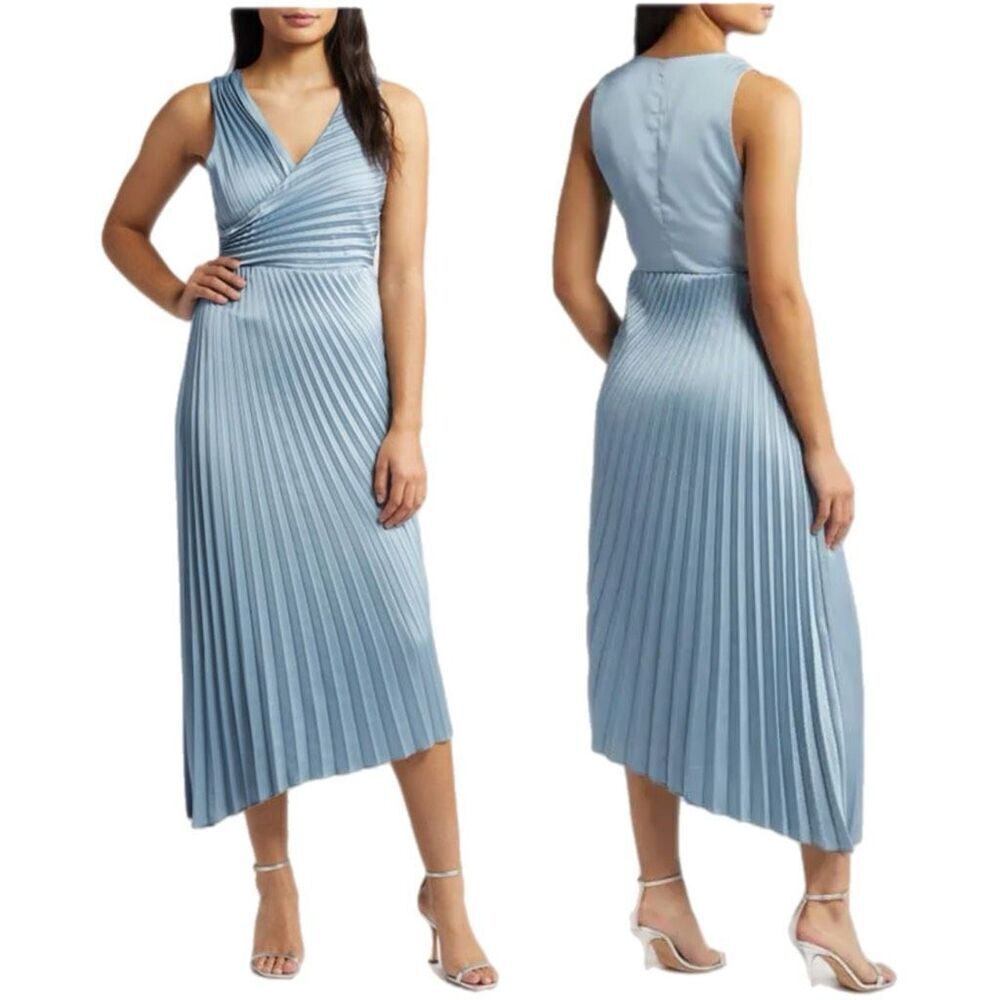 NWT Sam Edelman pleaded asymmetric hem satin dress. In glacier blue ombre. Size